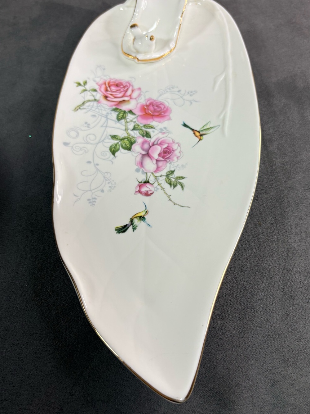 Porcelain Leaf Tray with Pink Rose & Hummingbird Design